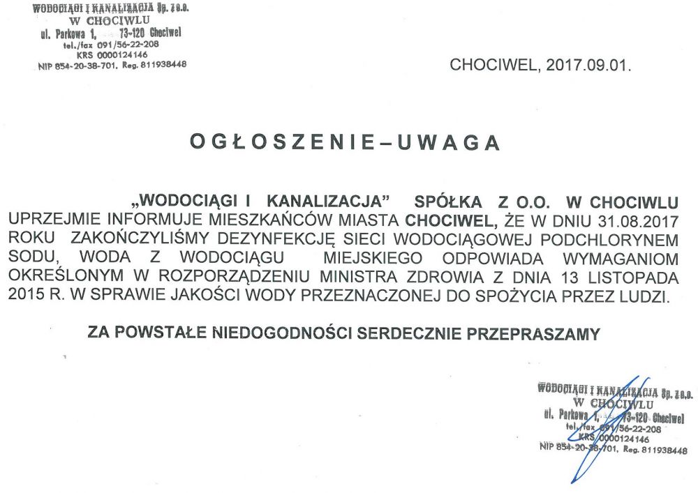 Ogłszenie spółki "Wodociągi i Kanalizacja"