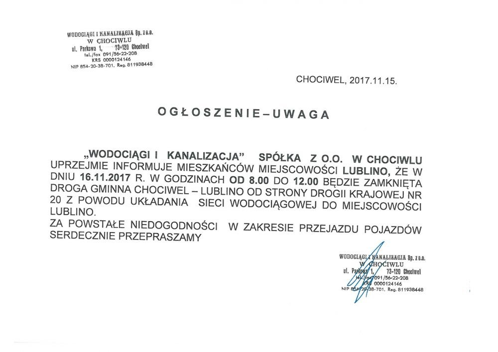 Informacja o zamknięciu drogi Chociwel - Lublinowo