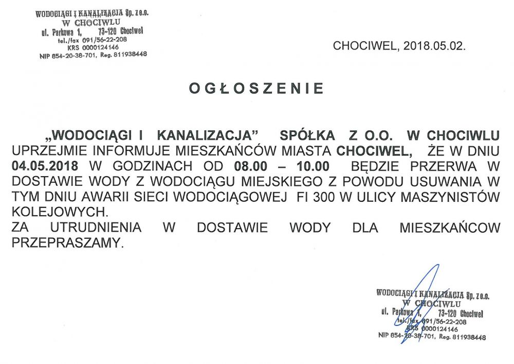 Ogłoszenie spółki "Wodociągi i Kanalizacja"