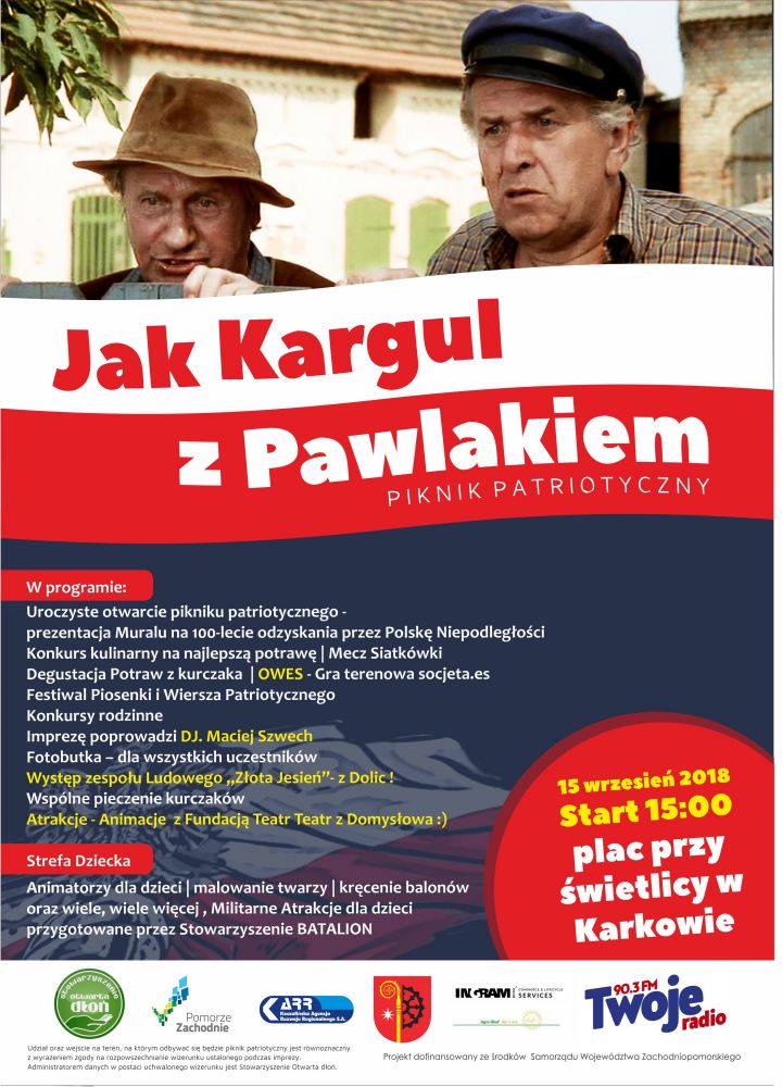 Zaproszenie na piknik patriotyczny w Karkowie pt."Jak Kargul z Pawlakiem".