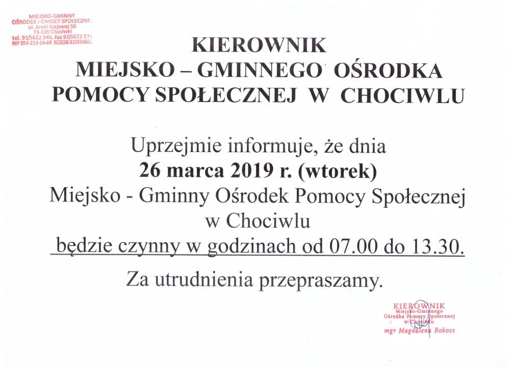 Zmiana godzin pracy M-GOPS w dniu 26 marca 2019 r.