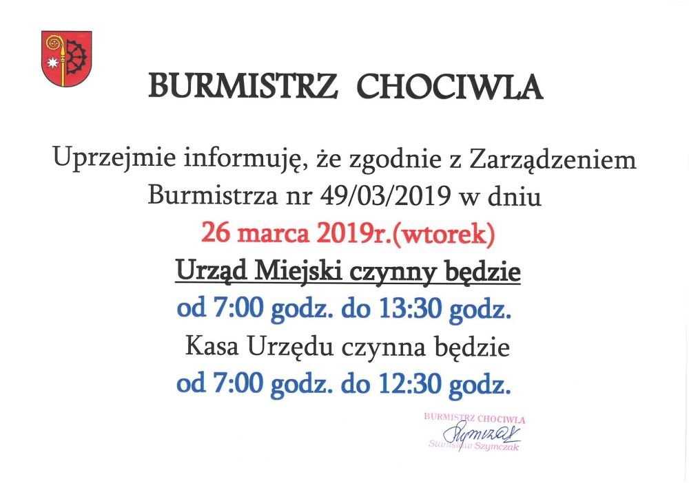 Uwaga-zmiana godzin pracy Urzędu Miejskiego w dniu 26 marca 2019r.