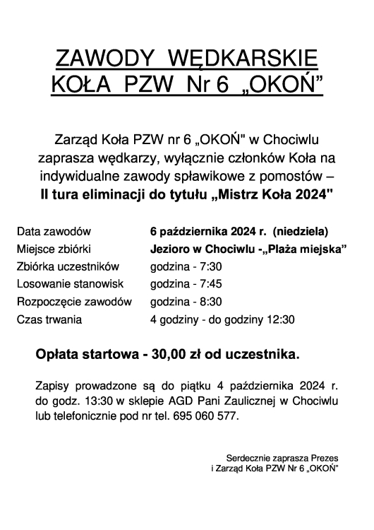 Zaproszenie na zawody wędkarskie Koła PZW Nr 6 "Okoń" w Chociwlu