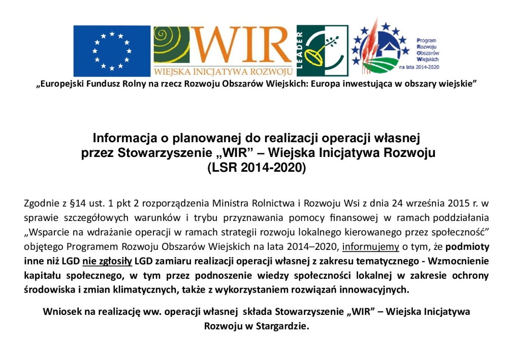 Informacja o planowanej do realizacji operacji własnej przez Stowarzyszenie „WIR” 