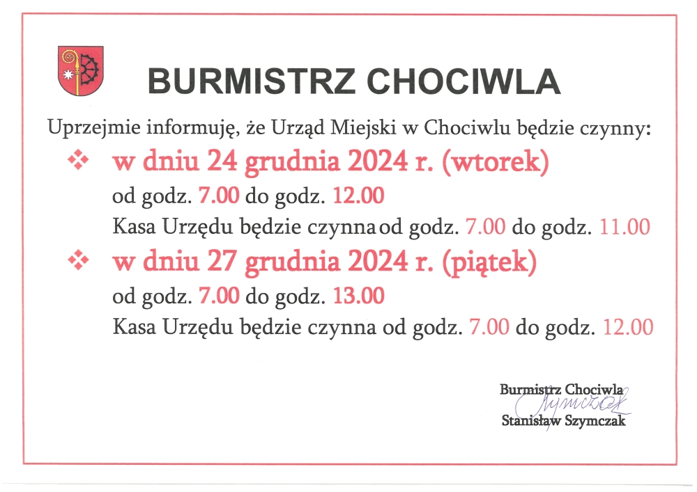 Godziny pracy Urzędu Miejskiego w Chociwlu - 24 i 27.12.2024 roku