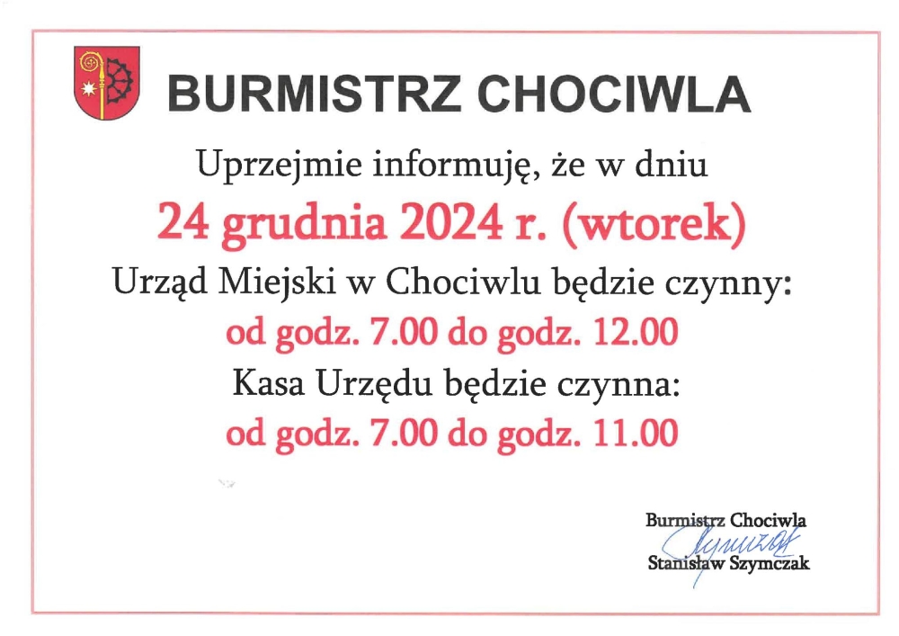 Godziny pracy Urzędu Miejskiego w Chociwlu w Wigilię