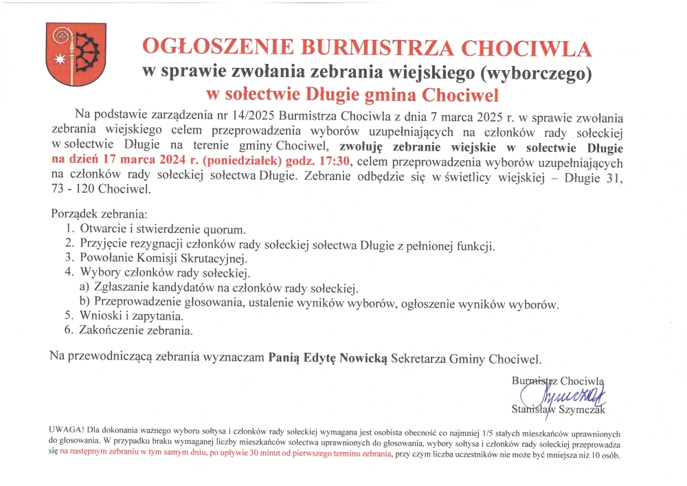 Ogłoszenie Burmistrza Chociwla w sprawie zwołania zebrania wiejskiego (