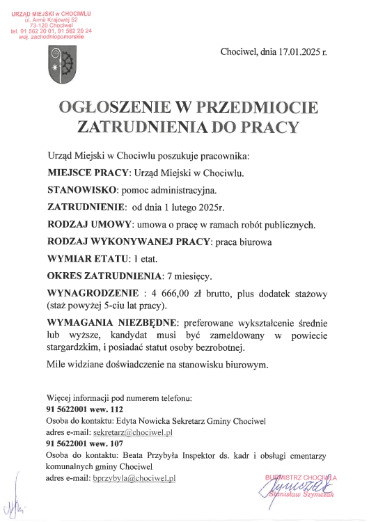 Ogłoszenie o przedmiocie zatrudnienia do pracy