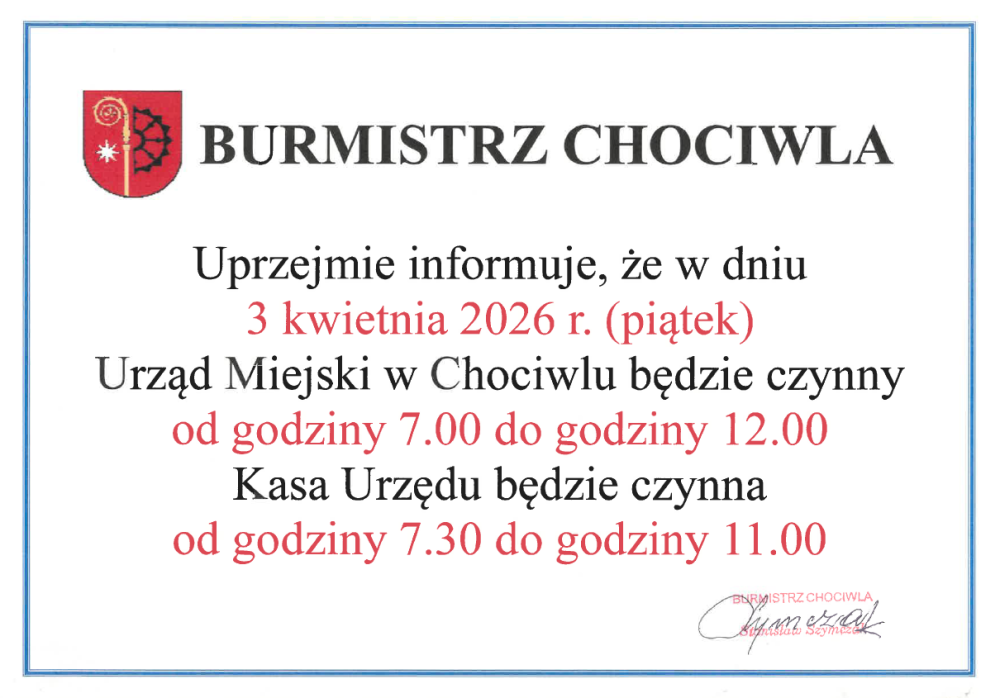 Godziny pracy Urzędu Miejskiego w dniu 3.04.2026