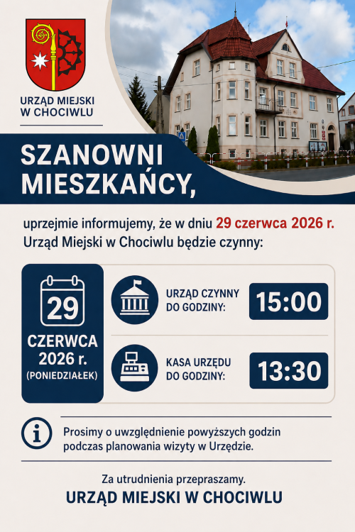 Urząd Miejski w Chociwlu - godziny pracy 29.06.2026