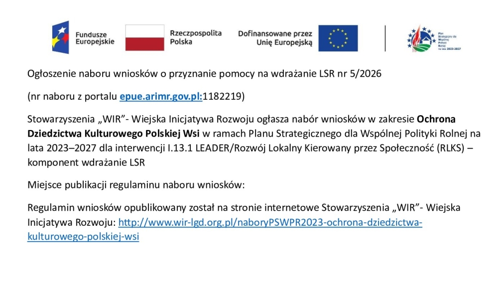Ogłoszenie naboru wniosków o przyznanie pomocy na wdrażanie LSR nr 5/2026 