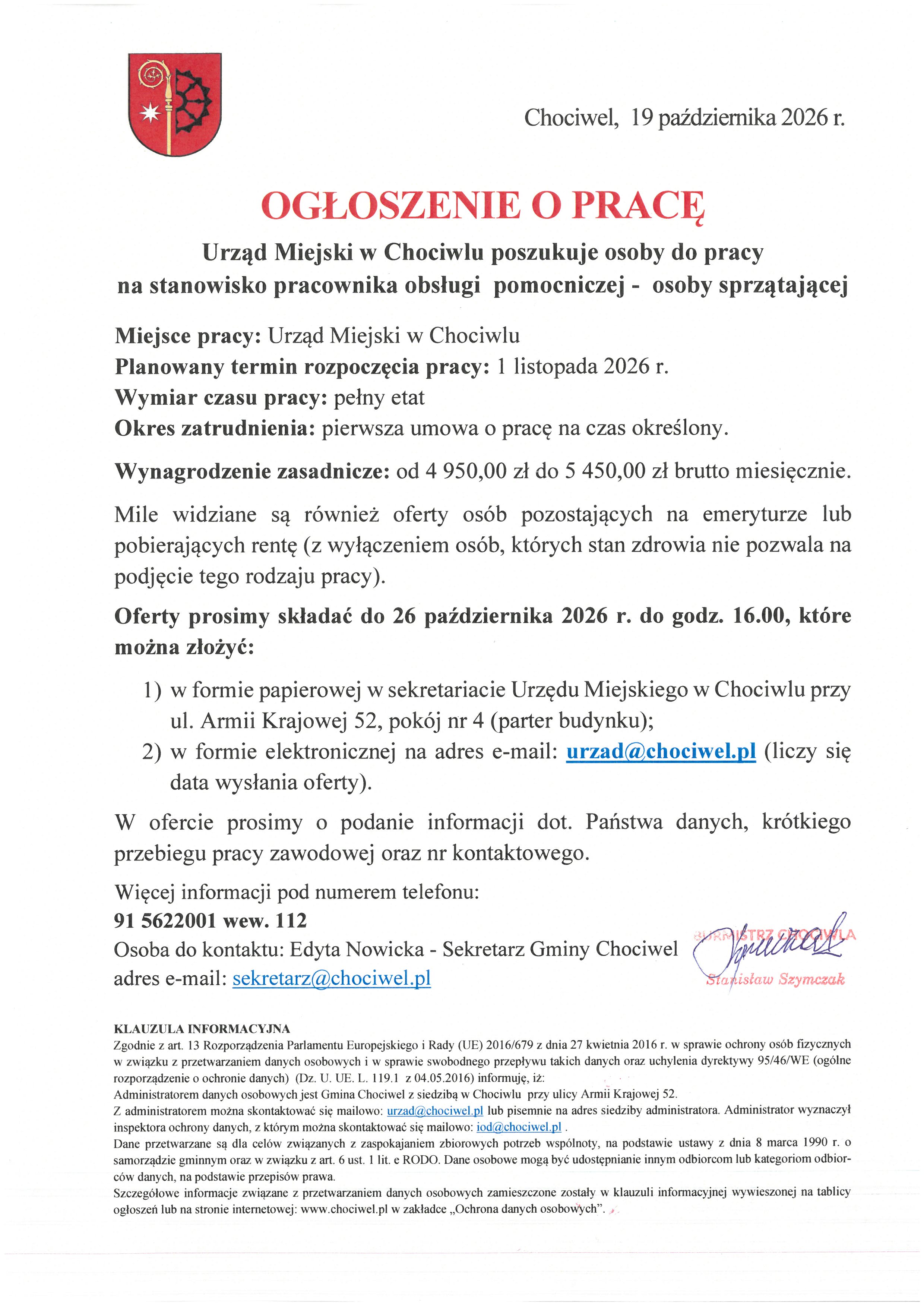 Ogloszenie o pracę - stanowisko sprzątaczki
